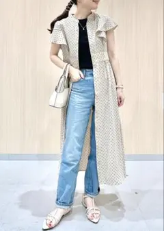 GU ドットプリントワンピース（半袖）　L ベージュ　シャツワンピース　水玉