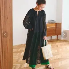 【ティティベイト】レース切替ボリュームワンピース ロング 長袖 シアー S 黒