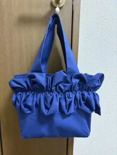 ブルー系フリルデザイン トートバッグ　ハンドメイド