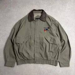 1664Dunbrooke襟レザー切替刺繍ロゴ短丈ブルゾンくすみカーキＬ古着