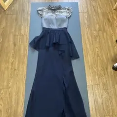 ネイビー フリル付きナイトロングドレス