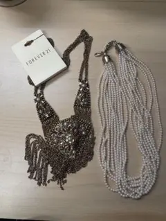 FOREVER 21 ビーズフリンジネックレスとパールネックレスセット