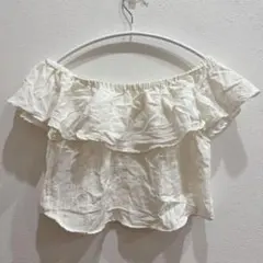 輸入古着 オフショルダー トップス フリル 白 綿 ショート丈【レディース M】
