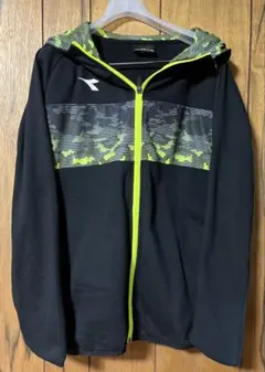 【最終値下げ】diadora フード付きジャケット 黒/蛍光グリーン　サイズL