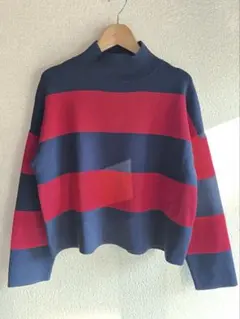 RAYBEAMS赤とネイビーのボーダータートルニット