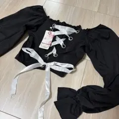 Macro Light 韓国系 黒 長袖 編み上げ バック リボン ブラウス