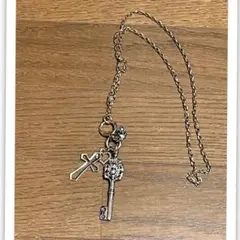 シルバー×ゴールド クロス 鍵 チャーム ロングネックレス