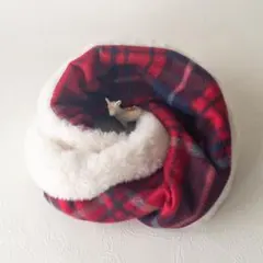 スヌード　ネックウォーマー　フリース　チェック　赤　ラビットファー