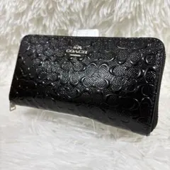 ✨美品✨ COACH コーチ エナメル エンボス 長財布 黒 ラウンドジップ