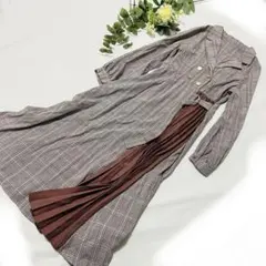 GRL チェック柄 シャツワンピース ロング 千鳥格子 ブラウン ボタン リボン