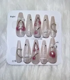 ネイルチップ ハンドメイド フレンチガーリー ロングバレリーナ チェリー スナ系