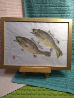 スモールマウスバス　捕食　カラー魚拓原画