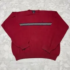 【希少XL】ノーティカ 刺繍ロゴ ボーダー コットンニット セーター 赤のサムネイル