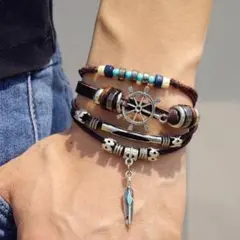 多層 レザー 本革 ラダーマーク ブレスレット メンズ ラップ #C591-7