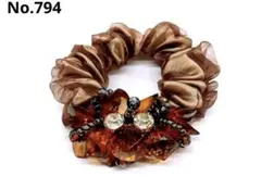 ハンドメイド お花 シュシュ ヘアゴム フラワー ガラスビーズ ブラウン794