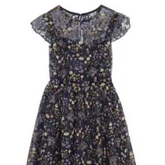 美品 Lily Brown 花柄刺繍ワンピース ネイビー