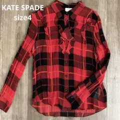 KATE SPADE　赤チェックのシルク100%フリルブラウス