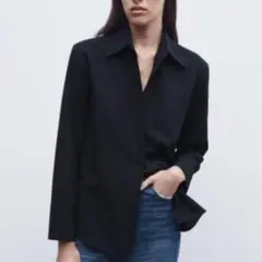 ZARA シャツ ブラウス ネイビー ステッチ くるみボタン シンプル