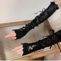 アームウォーマー アームカバー 手袋 グローブ 黒 ブラック リボン レース