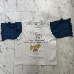 デニム フリル袖 Tシャツ 5分袖