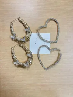 【新品】 ハート 蝶 ストーン 付き 大ぶり ピアス 軽量 2点セット