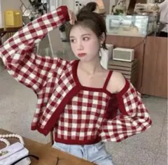 GRL グレイル チェック柄ニットカーディガン アンサンブルニットキャミMサイズ