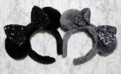 【ペア】ディズニー　ミニー　ブラック＆グレー　ファー　カチューシャ　2個セット