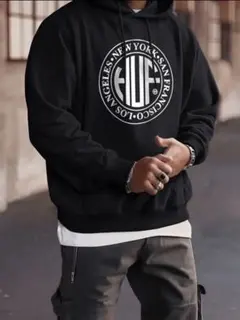 『新品』-HUF- ロゴ メンズ フード付き パーカー 黒 男女兼用 Lサイズ