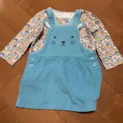 3点セット（ウサギの顔刺繍付きコーデュロイオーバーオール、カットソー2点）