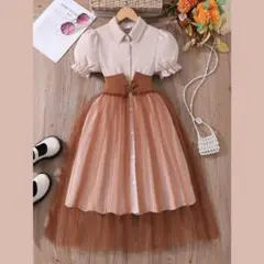 キッズ女の子ドレス140ワンピース結婚式フォーマル発表会ピアノかわいい茶ベージュ