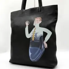 【美品】バリー トートバッグ イラスト プリント オールレザー シボ革 ブラック