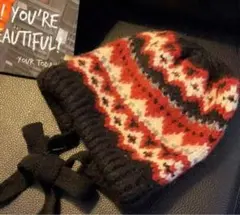 ビーニー　ニット帽　キャップ 手編み風ノルディック柄　古着