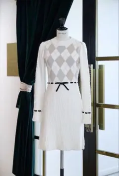 Moor Argyle Ribbon Knit Dress ivory M - メルカリ