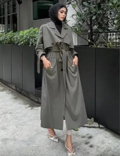 SHEIN DAZYラペル ベルト付き ロングトレンチコート オリーブ色のサムネイル