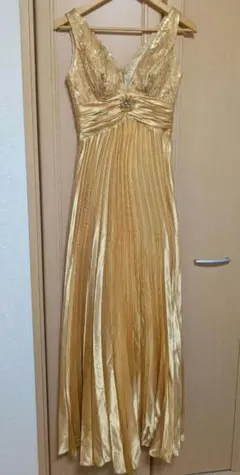 Vネックロングドレス ゴールド プリーツスカート 衣装