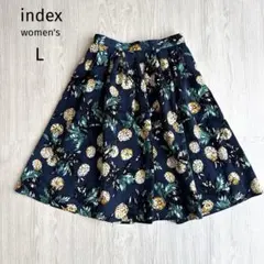 【インデックス】 ボタニカル柄 総柄 フレアスカート 紺 Lサイズ 極美品 夏のサムネイル