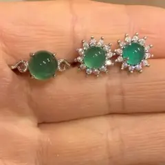 ミャンマー産天然 玛瑙/玉髓未镶嵌太阳花 指輪　ピアスセット