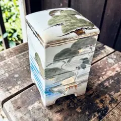 【時代物】色絵金彩「飛鶴松文」四段角重箱（共蓋・高足付）お花見節句 茶懐石 酒宴