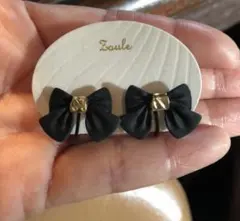 【No.58】可愛いクラシカル陶器調ブラックリボン一粒イヤリング新品モダン上品♡