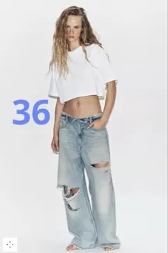 ZARA ミッドライズ折り返しウエストデニムパンツ 32 - メルカリ