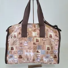 マンハッタナーズ 猫柄 ボストンバッグ 茶系 大容量 軽量 旅行用