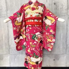 鶴 扇面 牡丹 七五三 7歳 アンティーク 女の子 子供着物 フルセット可 ま7 鶴 扇面 牡丹 七五三 7歳 アンティーク 女の子 子供着物 フルセット可