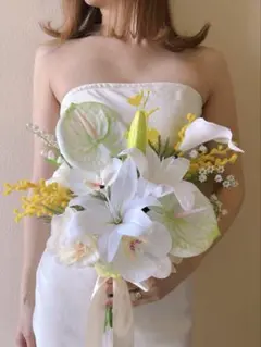 アーティフィシャルフラワー　ミモザ　白　黄色　前撮り　造花ブーケ　ウエディング