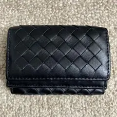 黒 レザー 編み込み 三つ折り財布