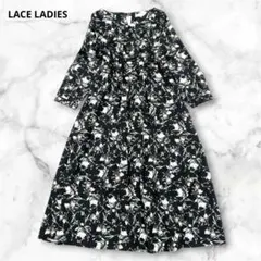 【美品】レースレディース 花柄ロングワンピース ウエストゴム 裏地付 ブラック