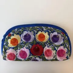 花柄刺繍 ポーチ ブルー