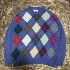 イタリア製アーガイル柄 ニットセーター 青色系