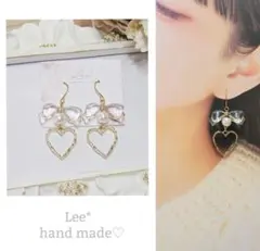 ＃246　リボン×パール×ハートフープ　クリア　大人かわいい♡ピアス/イヤリング