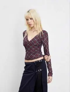 SHEIN レディース　レッドレトロ　Vネック　チェック y2k バーガンディー