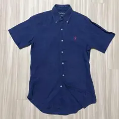 極美品】ラルフローレン リネン ボタンダウンシャツ 赤ポニー 紺 XL